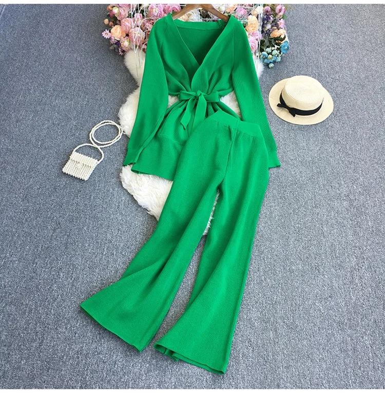 GX7188A Fashion causal knit clothing vendor leisure suits women long sleeve shirt and wide leg pant matching suits 2 piece sets