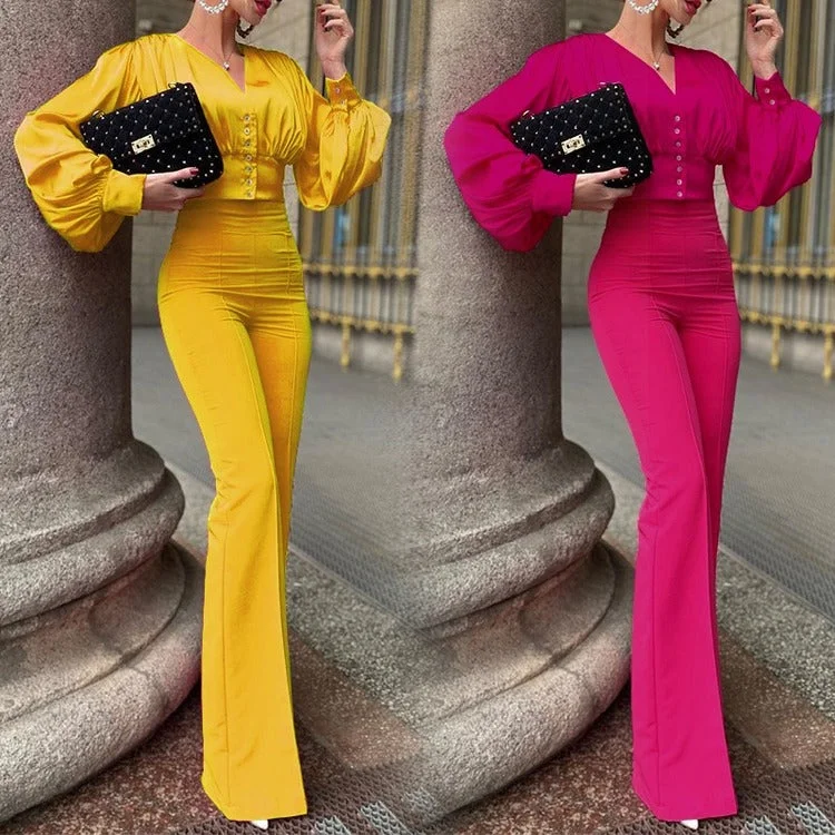 2023 New Arrival Women's Fashion Sexy 2 Two-piece Set Puff Long Sleeve Elegant Work Suits High Waist Flared Trousers Pants Set