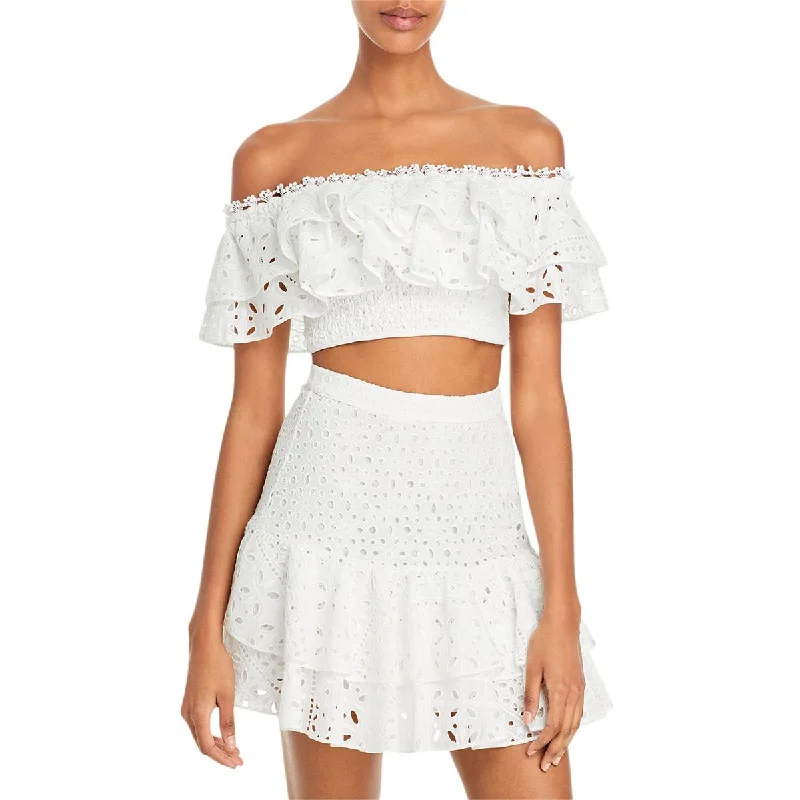 Barbara Womens Eyelet Ruffled Crop Top