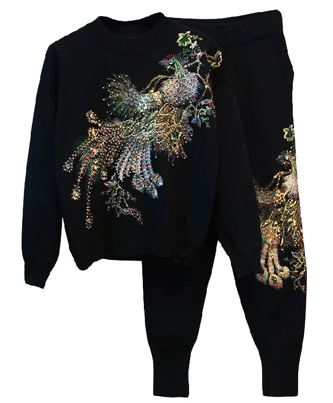 Autumn Winter New Women's Sequin Bead Phoenix Long Sleeve Loose Knitted Shirt Pants Suit two piece set