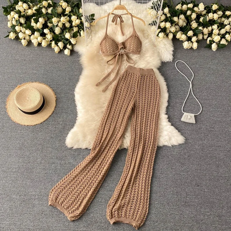 2022 Summer Sexy Halter Short Tops Hollow Knitted Wide Leg Long Pants Two Piece Suit womens designer knitwear set