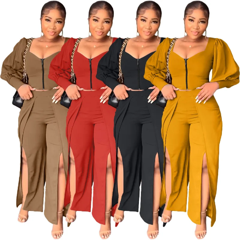 womens sets spring summer women office fashion casual puff sleeve split pants ladies two piece set women's clothing