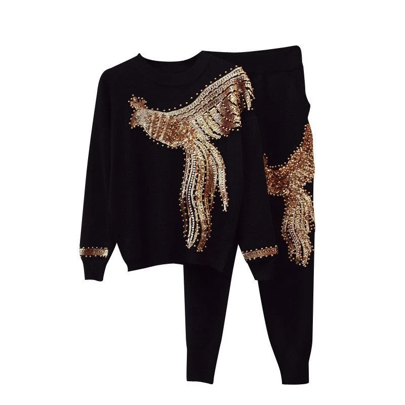 Autumn  New Women's European Station Sequin Bead Phoenix Long Sleeve Loose Knitted Shirt Pants Suit two piece set