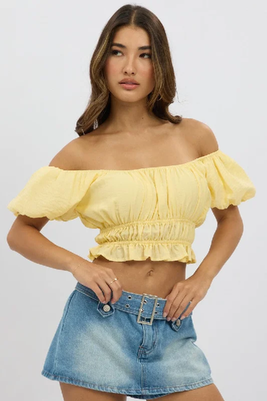 Yellow Ruffle Crop Top Puff Sleeve