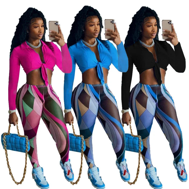 2022 Fall long sleeve crop top two piece pants set fashion printed women leggings and top set