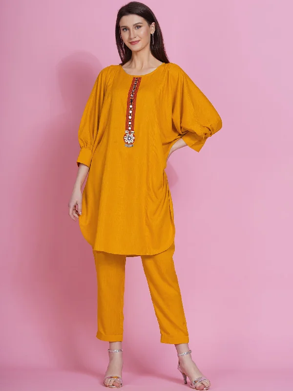 Yellow Rayon Boxed Kurta with Pants-WRKS077