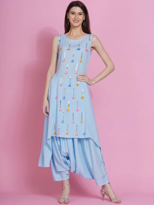 Powder Blue Hand Embellished Kurta with Harem Pants-WRKS076