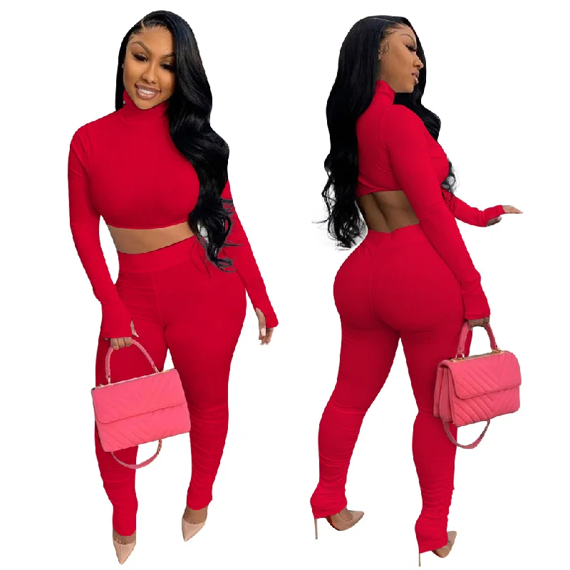 Solid Outfit casual Two Piece Sets Womens wear Long Sleeve Turtleneck Bandage Crop Top and Stacked Pant Set Suits