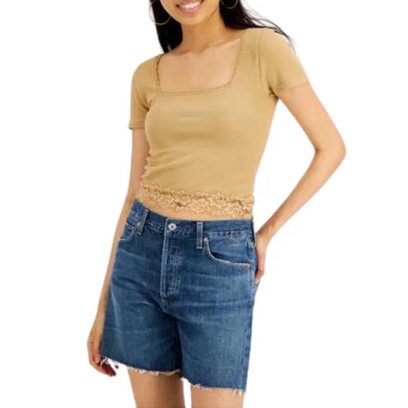 PLANET GOLD - Ribbed Lace-Trim Cropped Top