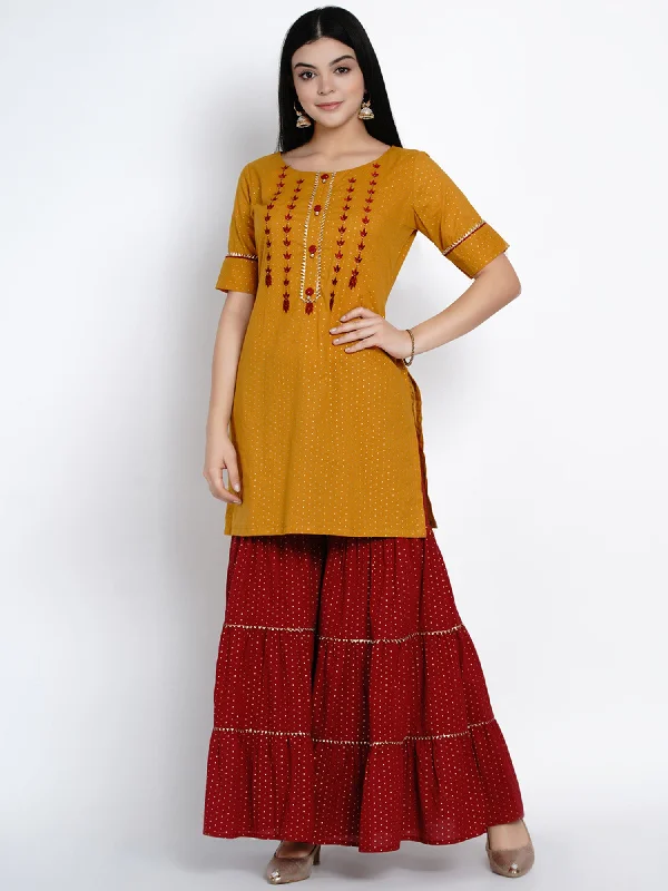 Mustard Embroidered Kurta And Sharara- WRKS414