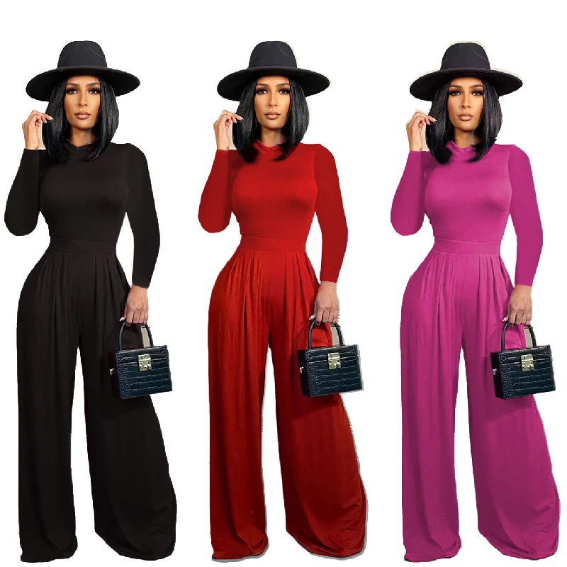 Trendy Women Clothes Women Sexy Body con Long Sleeve Romper Top High Waist Wide Leg Pants 2 Piece Outfits