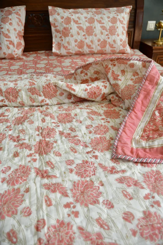 Pink Floral Bedding Set, Hand Block Print, Jaipur, Premium Cotton