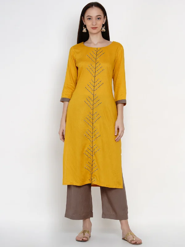 Yellow Rayon Embroidered Kurta With Palazzo- WRKS011