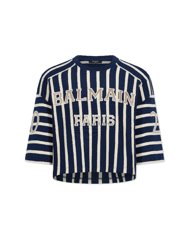 Cropped Striped Balmain Baseball T-Shirt