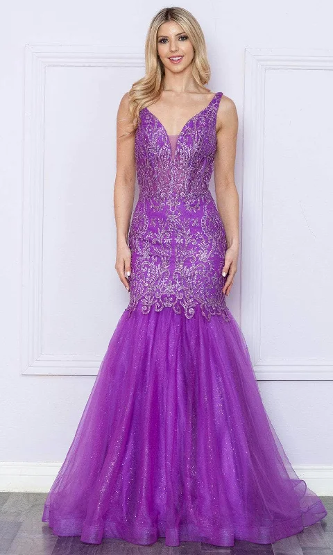 Poly USA 9388 - Plunging Neckline Glitter Prom Dress