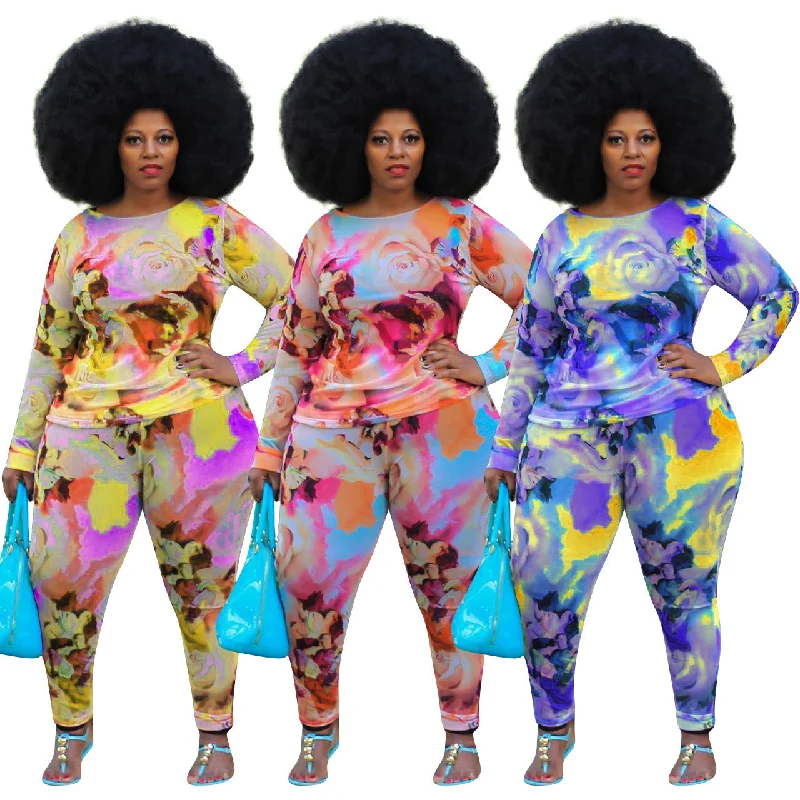 2 Piece Legging Pant Sets for Women Floral Print Long Sleeve Tracksuits Outfits Bodycon