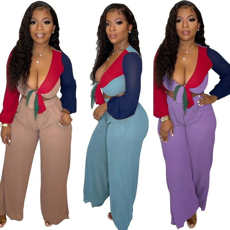 2023 Spring Women Clothes Casual Patchwork 2 Piece Set Long Sleeve  Wide Leg Pants Two Piece Sets for Women Clothing