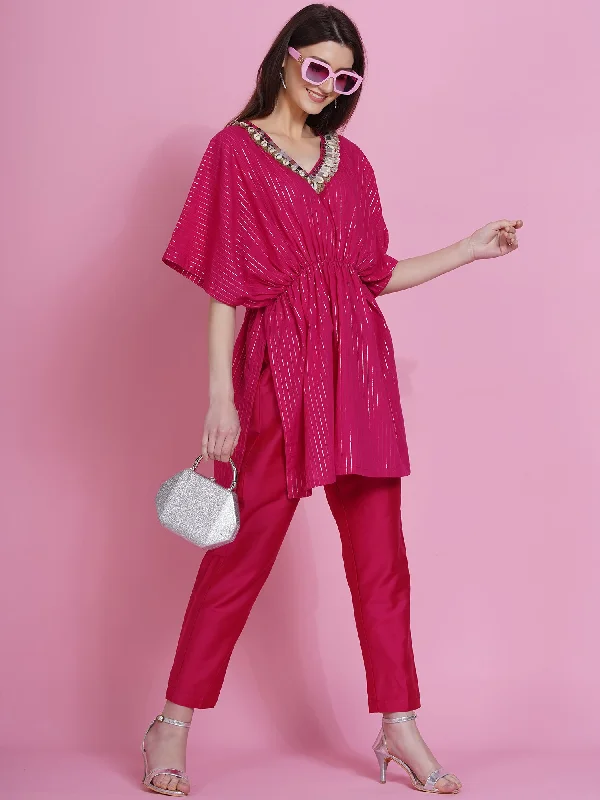 Pink Lurex Cotton Kaftan Style Kurta with Pants-WRKS072