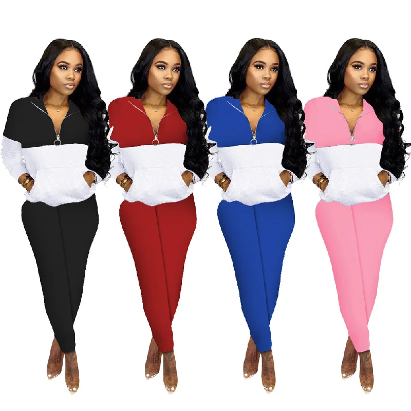 Trendy Women Clothes Two Piece Outfits Zip Up Tops Pocket Body con Long Pants Color Block Pant Set