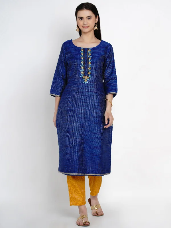 Royal Blue Kota Chanderi Embroidered Kurta With Brocade Pant- WRKS009