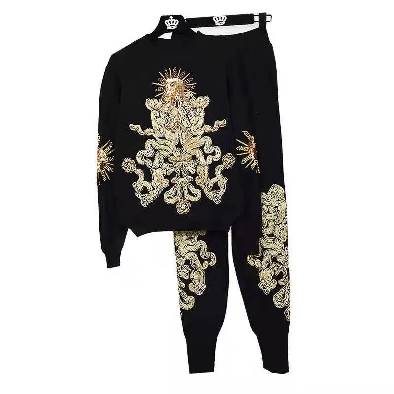 2021 Autumn New Heavy Industry Women's Ethnic Style Sets Bead Embroidery Knit Warm Sweater Foot Pants Fashion Breathable Suit