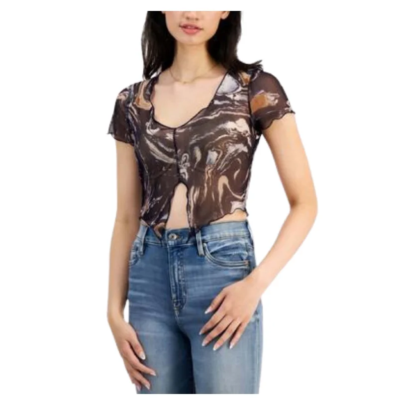 JUST POLLY - Printed Mesh Notch-Front Cropped Top