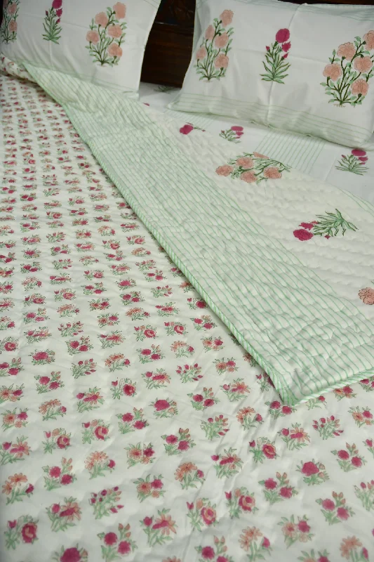 Peach and Pink Flower Premium  HandBlock Quilt Bedding set