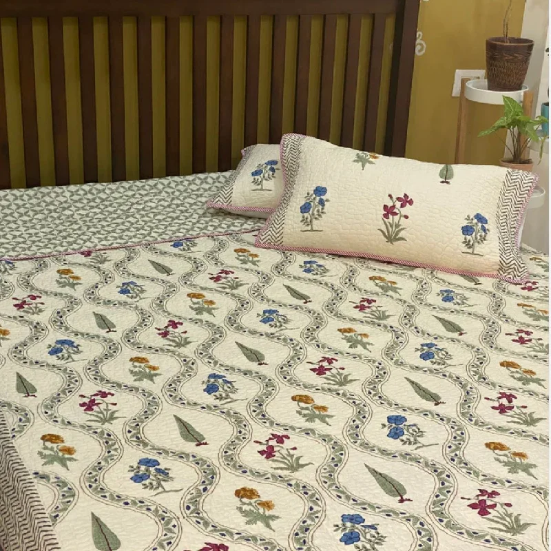 Reversible 3Pc Bedspread Set – Cotton, Hand Block Printed