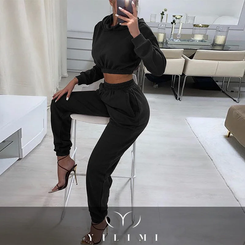 2021 New Fashion Custom Logo Hoodies Long Sweater Joggers and Hoodies Two Piece Pants Set Sweatsuit For Women