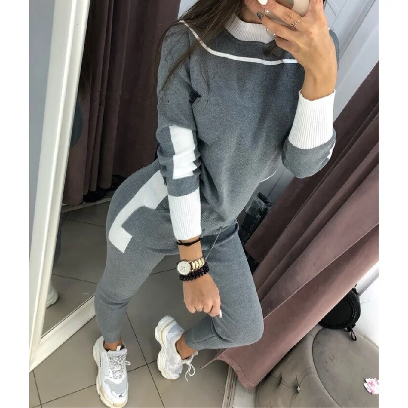 Fashion fall ladies lounge wear patchwork color block sweater and jogger set women casual knitted pant 2 two piece sweater sets