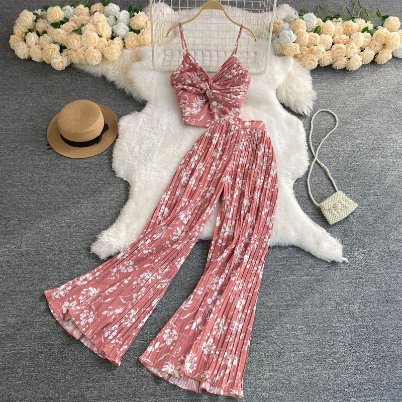 2022 floral vacation set women summer tank top blouse sleeveless chiffon wide leg pants women sets two piece pants