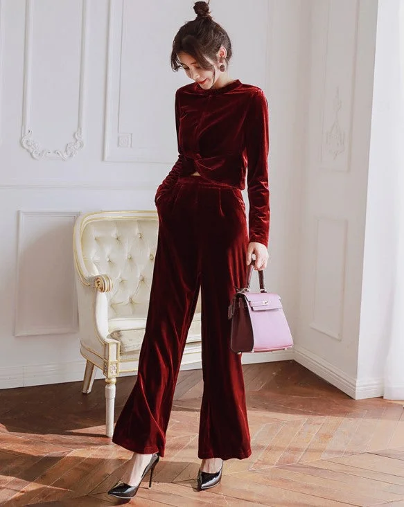 ZYHT 2022 Autumn Elegant Vintage Co-ord Sets New Women's Velvet Casual Suit Two Piece Pants Set