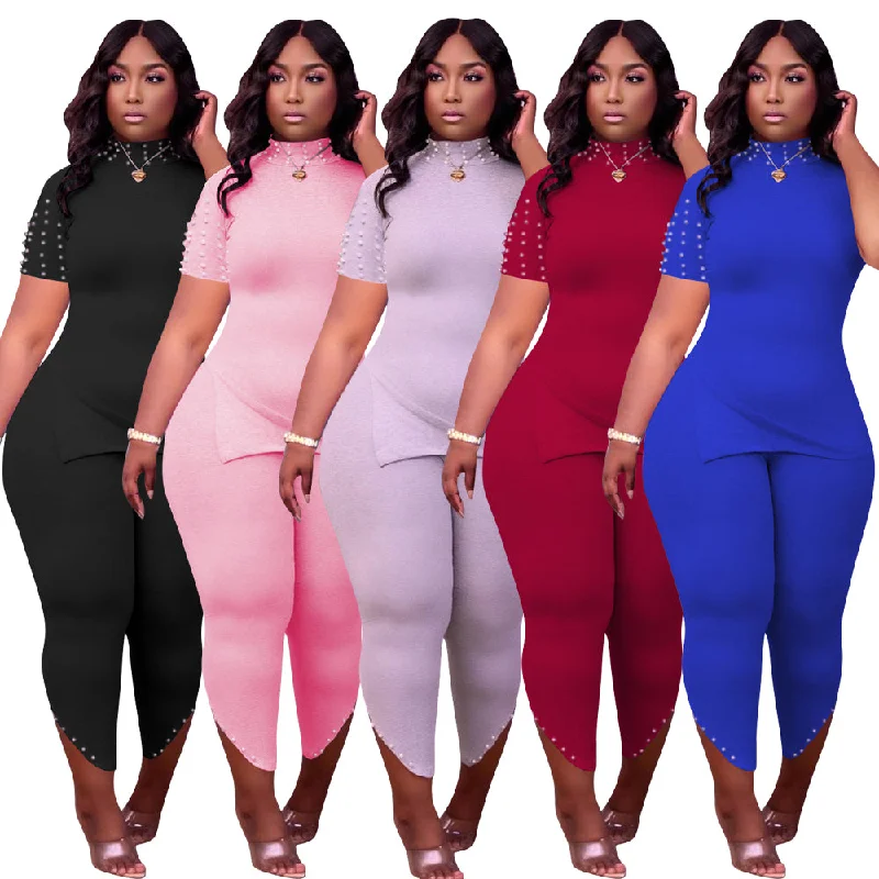 Pure color beaded casual slits plus size short sleeve two-piece suit 2022 new arrivals