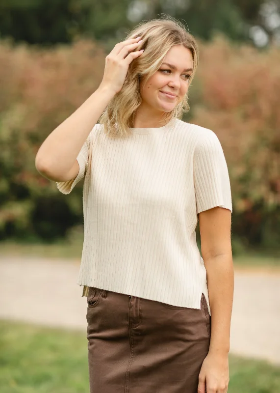 Cream Ribbed Short Sleeve Sweater