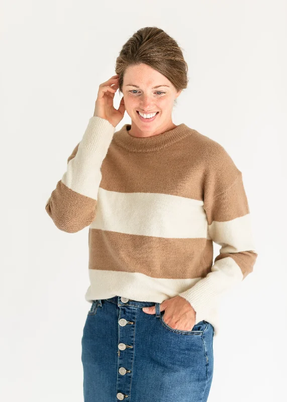 Lyra Camel Bold Stripe Crewneck Sweater