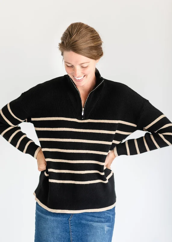 Nova Taupe Striped Black Quarter Zip Sweater