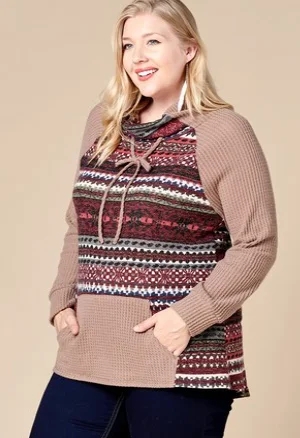 Tribal Print Contrast Waffle Sweater