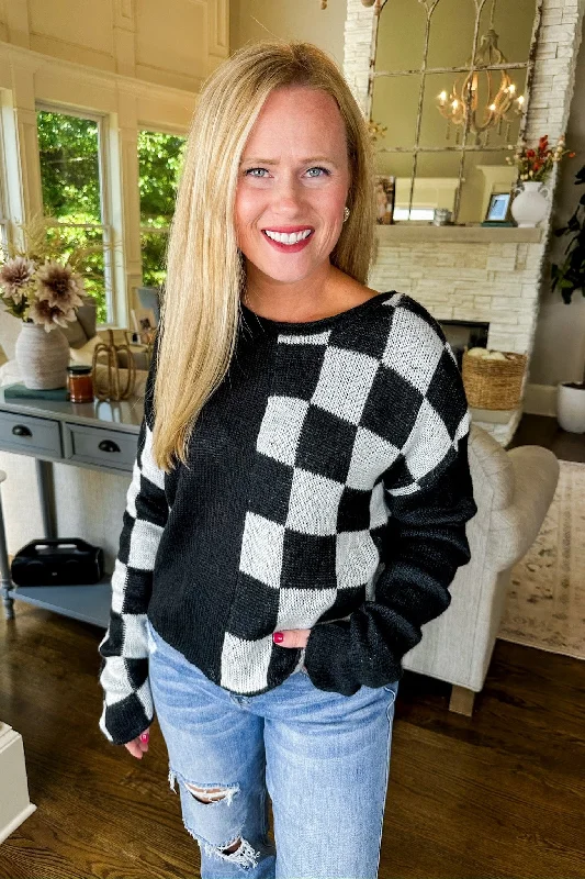 Black Color Block Checkered Knit Sweater