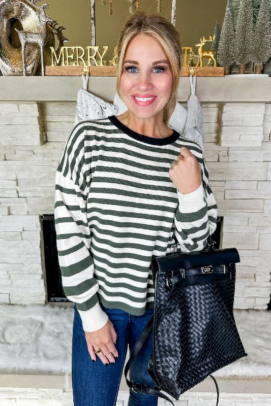 Black Neck Trim Soft Striped Sweater in Olive