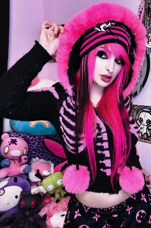 Bony Rib Cage Skeleton Fur Sweater [BLACK/PINK]