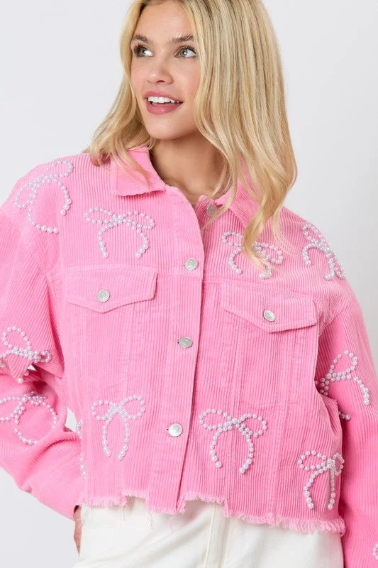 Bow Embellished Pink Corduroy Jacket