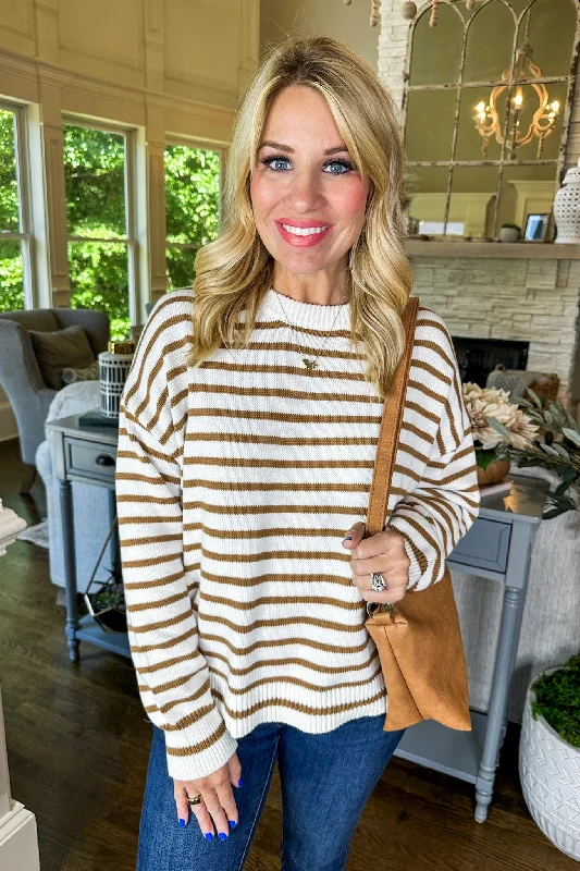 Cream & Cinnamon Brown Stripe Ribbed Trim Sweater