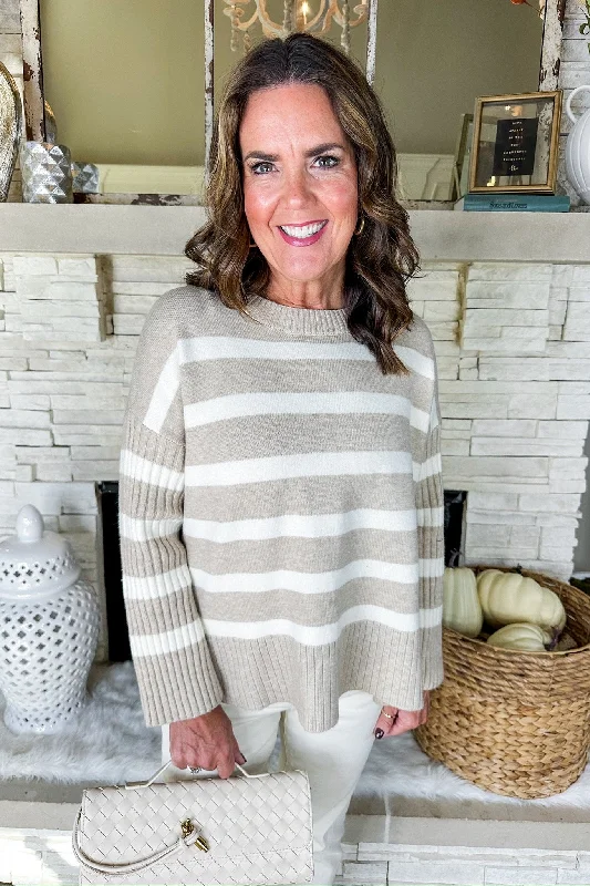 Cream Stripe Ribbed Sleeve Knit Sweater in Oatmeal