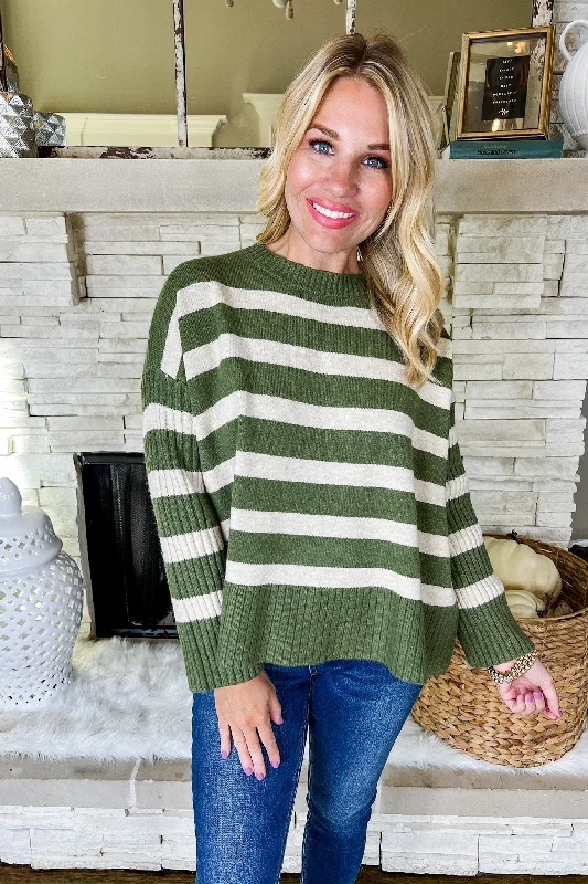 Cream Stripe Ribbed Sleeve Knit Sweater in Olive