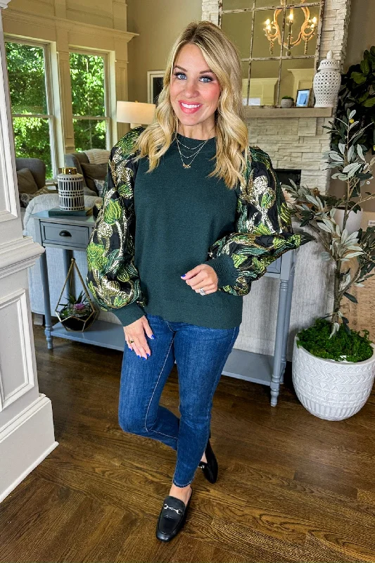 Elegant Lined Statement Floral Sleeve Sweater Top in Hunter Green