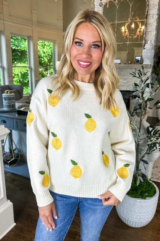 Embroidered Lemon Fruit Cream Knit Sweater