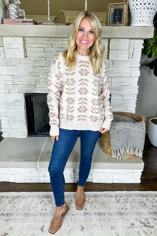 Floral Printed Taupe & Oatmeal Viscose Sweater