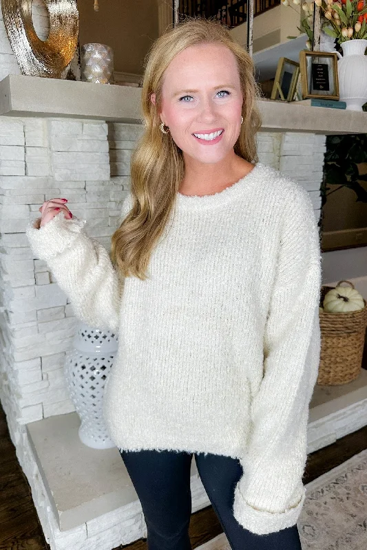 Fuzzy Soft Cream Cuffed Sweater