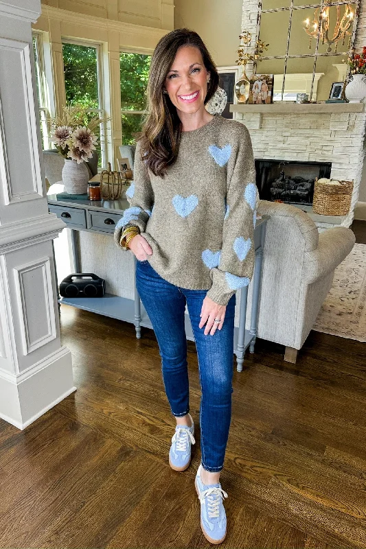 Light Blue Heart Brown Knit Sweater