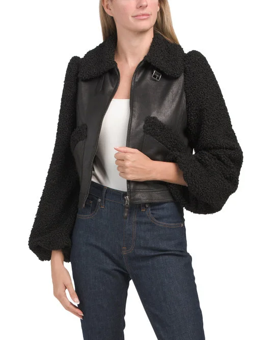 MAX STUDIO LONDON Faux Leather Jacket With Faux Fur Sleeves And Collar